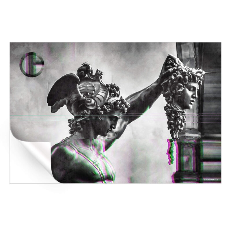 Digital glitch effect on the statue of Perseus holding Medusa's head, with modern distortions blending into the classical figure.