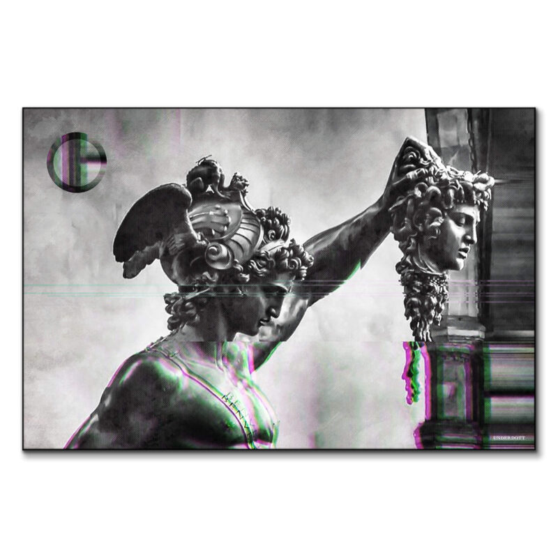 Digital glitch effect on the statue of Perseus holding Medusa's head, with modern distortions blending into the classical figure.
