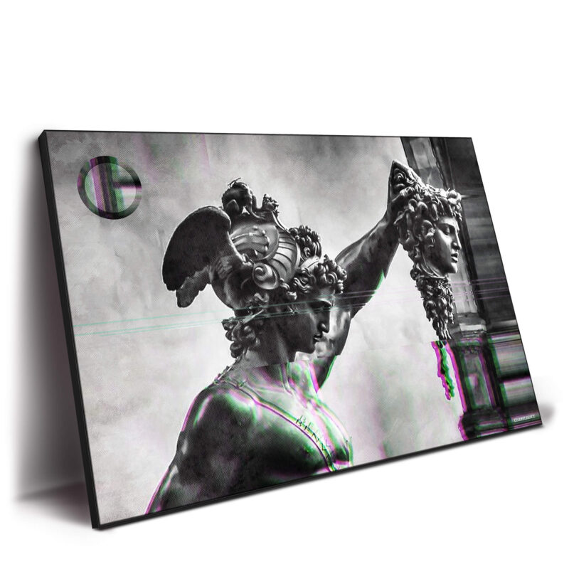 Digital glitch effect on the statue of Perseus holding Medusa's head, with modern distortions blending into the classical figure.