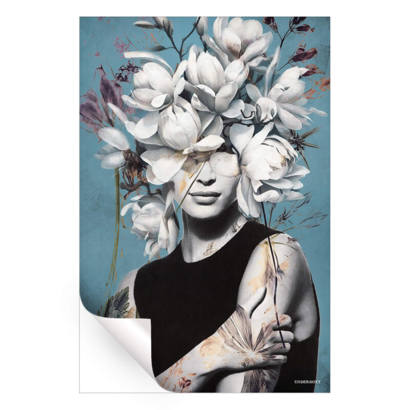 Female portrait with white floral crown and light blue background in a surreal artistic style.