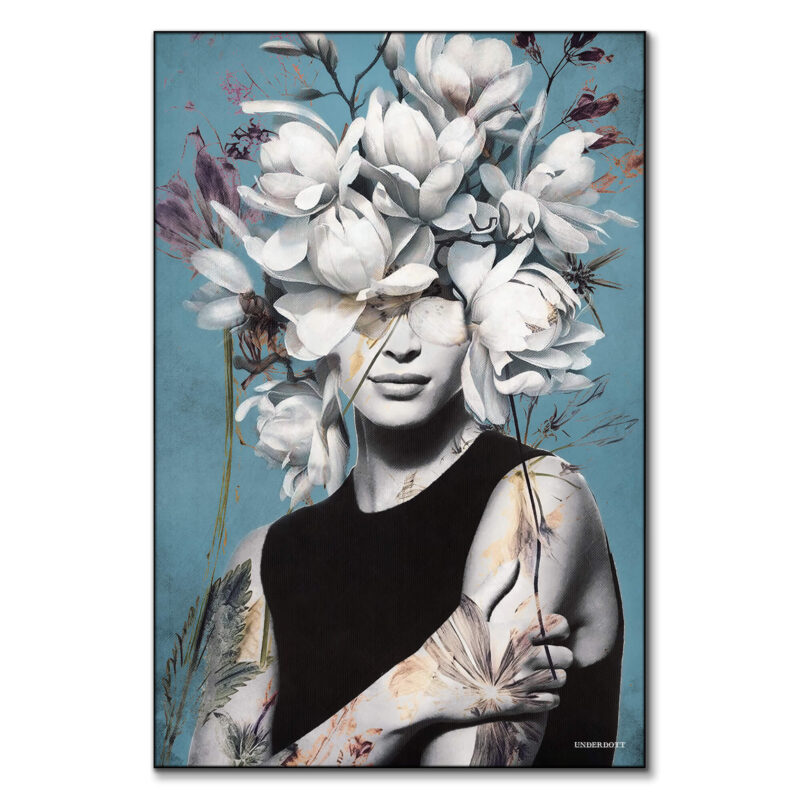 Female portrait with white floral crown and light blue background in a surreal artistic style.