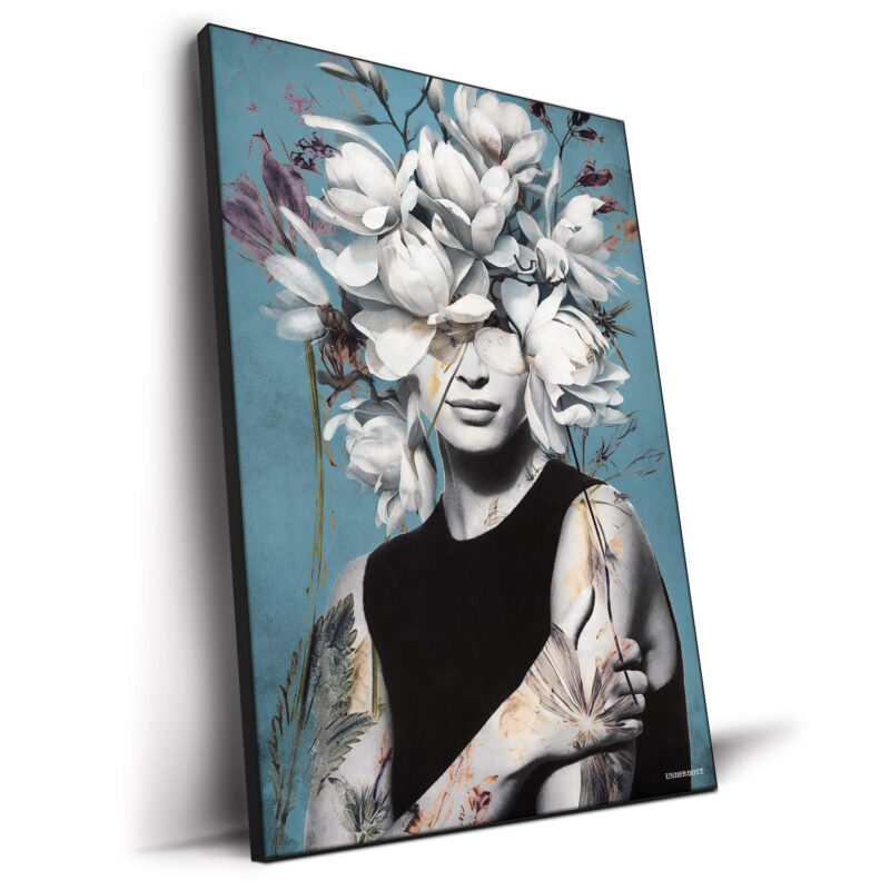 Female portrait with white floral crown and light blue background in a surreal artistic style.