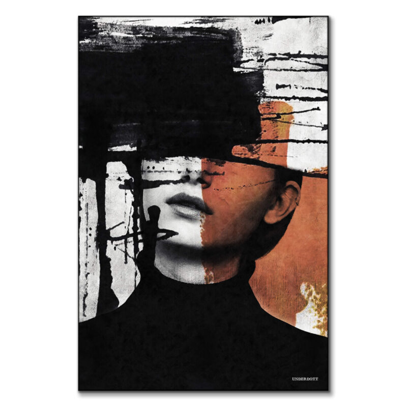 surreal abstract portrait with fragmented features and bold orange and black brushstrokes.