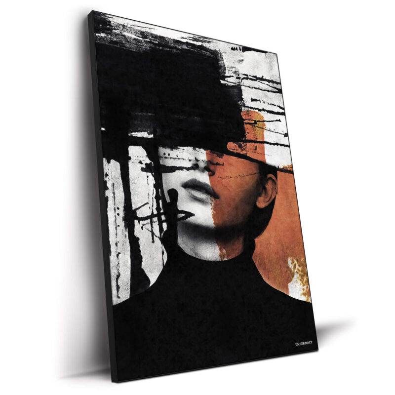 surreal abstract portrait with fragmented features and bold orange and black brushstrokes.