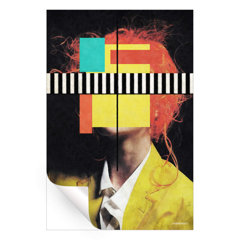 Abstract portrait with orange hair, geometric shapes, and stripes, creating a colorful and fragmented face.