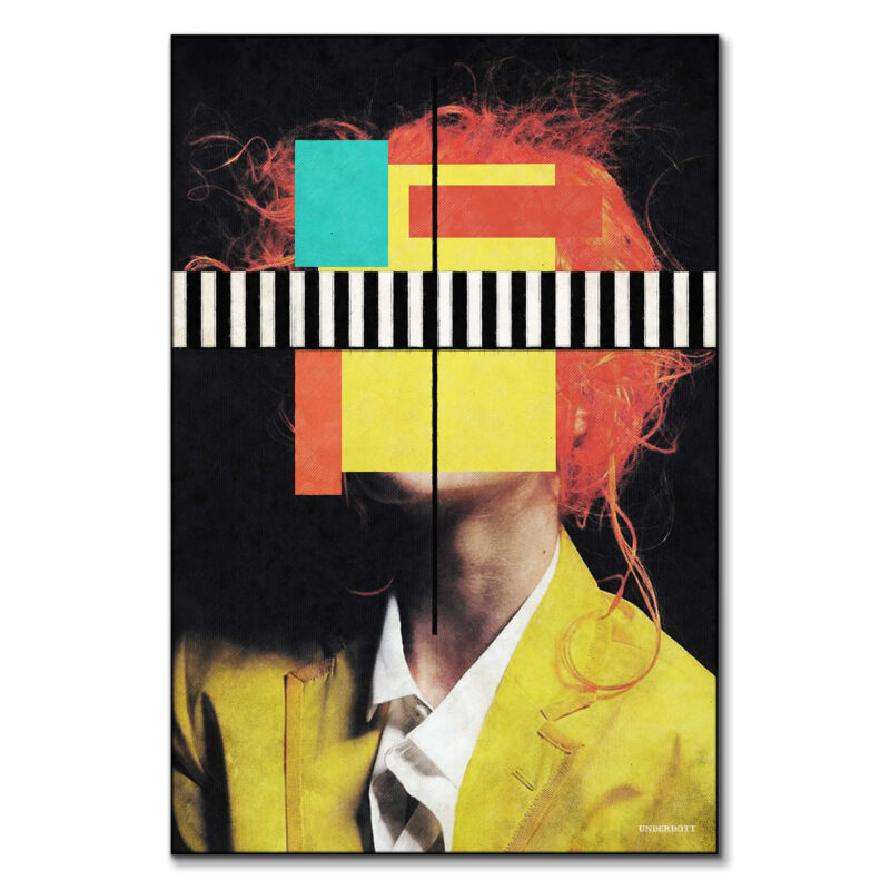 Abstract portrait with orange hair, geometric shapes, and stripes, creating a colorful and fragmented face.