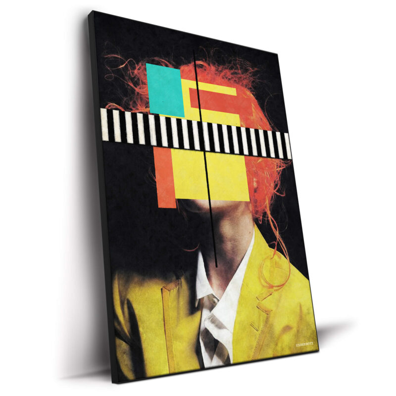 Abstract portrait with orange hair, geometric shapes, and stripes, creating a colorful and fragmented face.