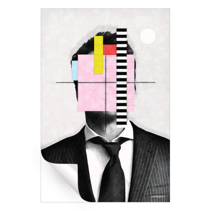 Abstract portrait of a man in a suit, with geometric shapes and bright colors making up the head. The background is minimalist, focusing on the fragmented shapes.