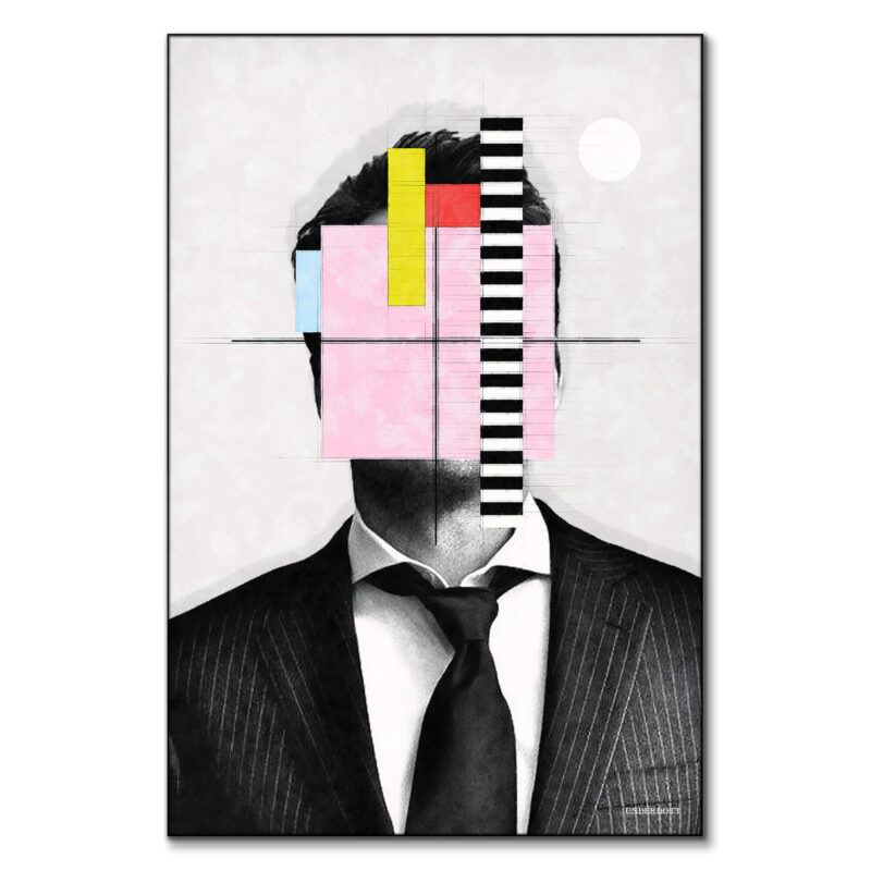 Abstract portrait of a man in a suit, with geometric shapes and bright colors making up the head. The background is minimalist, focusing on the fragmented shapes.