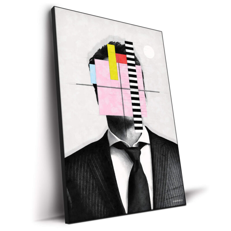 Abstract portrait of a man in a suit, with geometric shapes and bright colors making up the head. The background is minimalist, focusing on the fragmented shapes.