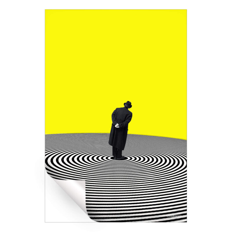 Surreal art of a man standing in black against swirling concentric circles with a bright yellow background.