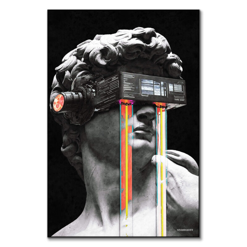 Statue of David with a VR headset and colorful digital streaks pouring from the eyes, creating a surreal digital collage.