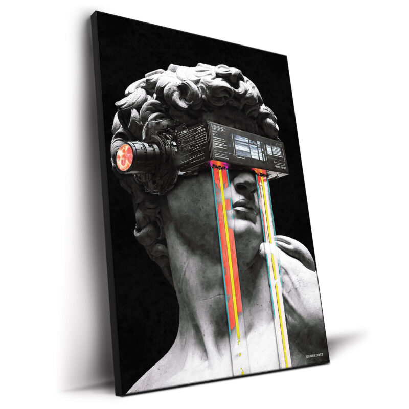 Statue of David with a VR headset and colorful digital streaks pouring from the eyes, creating a surreal digital collage.