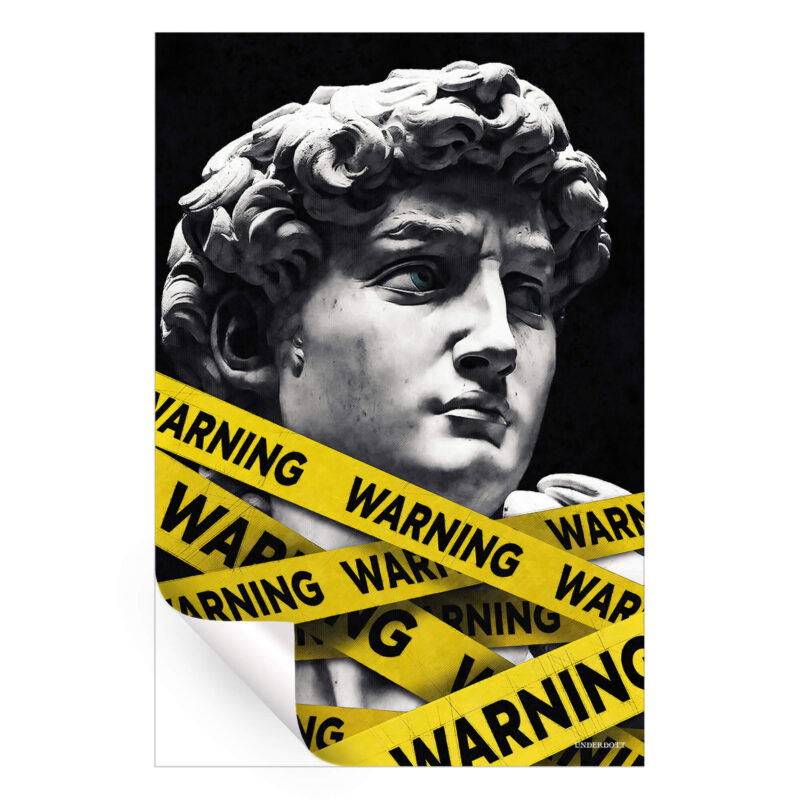 Michelangelo’s David sculpture with yellow "WARNING" caution tape across it, set against a black background.