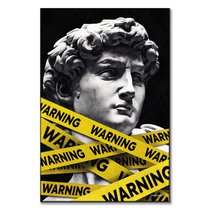 Michelangelo’s David sculpture with yellow "WARNING" caution tape across it, set against a black background.