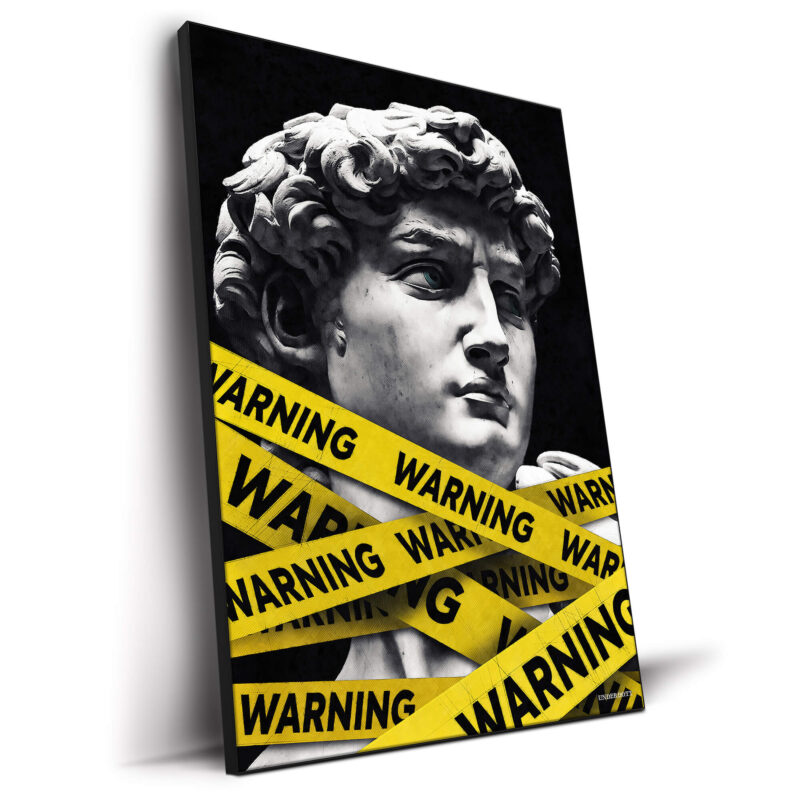 Michelangelo’s David sculpture with yellow "WARNING" caution tape across it, set against a black background.