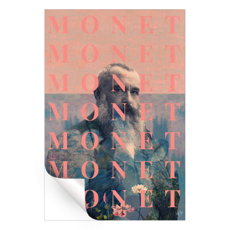 Pop art portrait of Claude Monet with floral motifs and repetitive "Monet" text.
