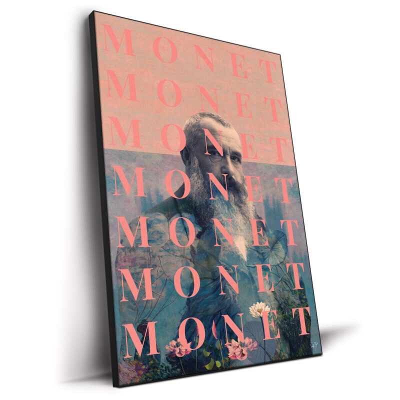 Pop art portrait of Claude Monet with floral motifs and repetitive "Monet" text.