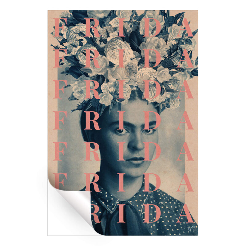 Pop art collage of Frida Kahlo with floral accents and repeating "Frida" text.