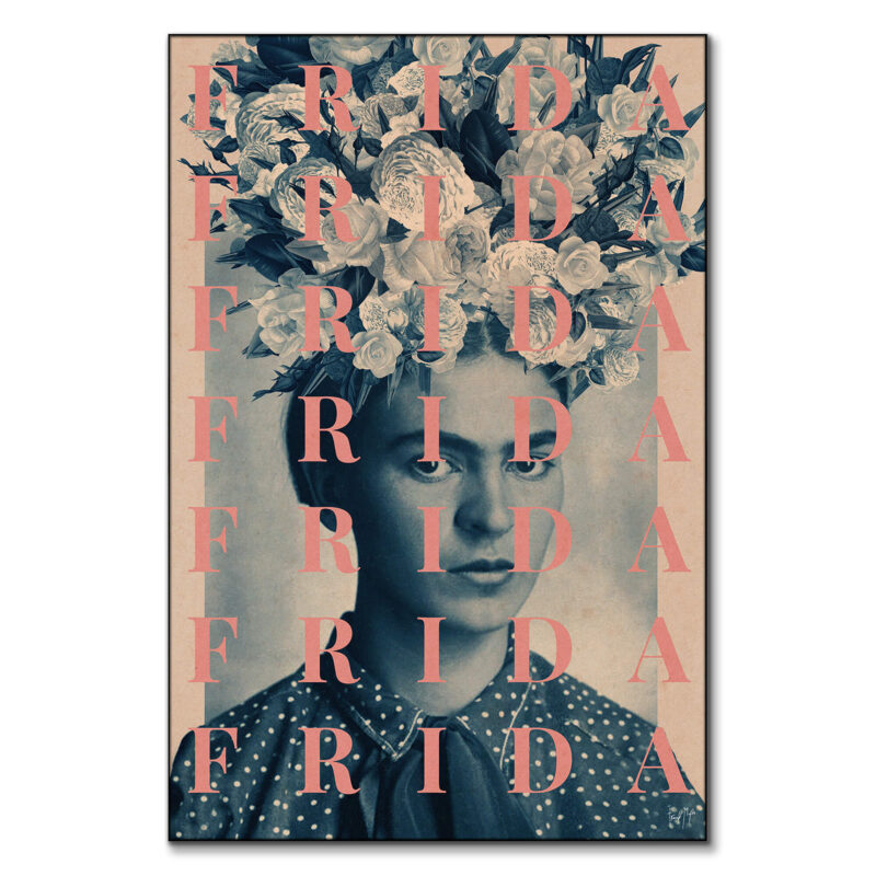 Pop art collage of Frida Kahlo with floral accents and repeating "Frida" text.