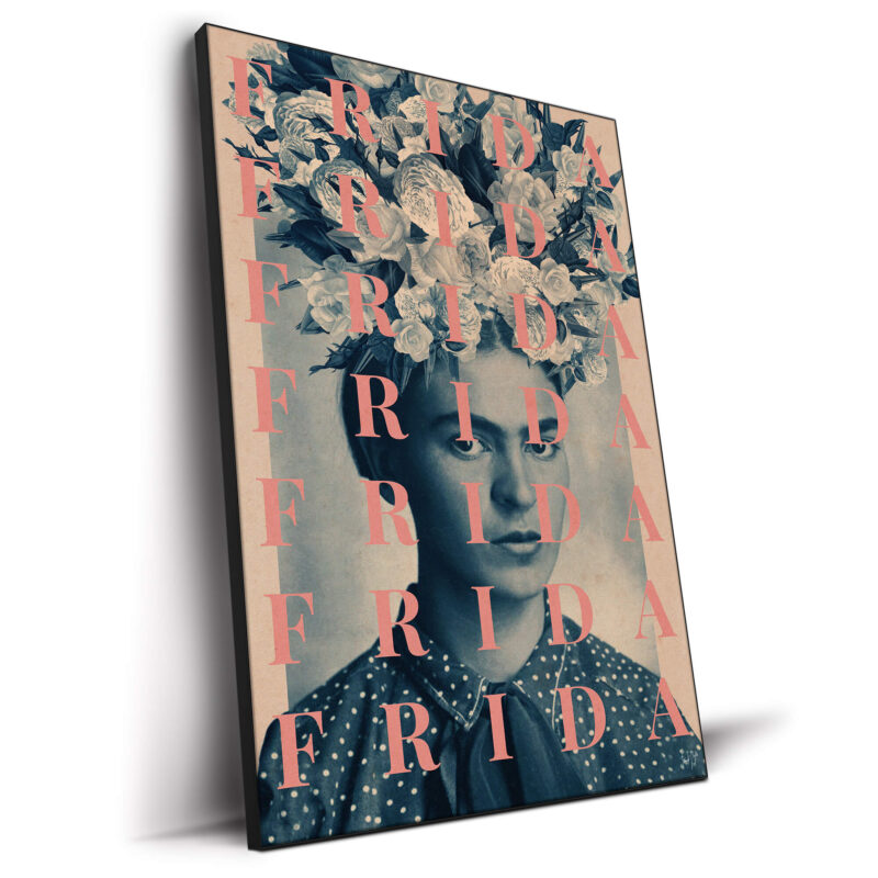 Pop art collage of Frida Kahlo with floral accents and repeating "Frida" text.