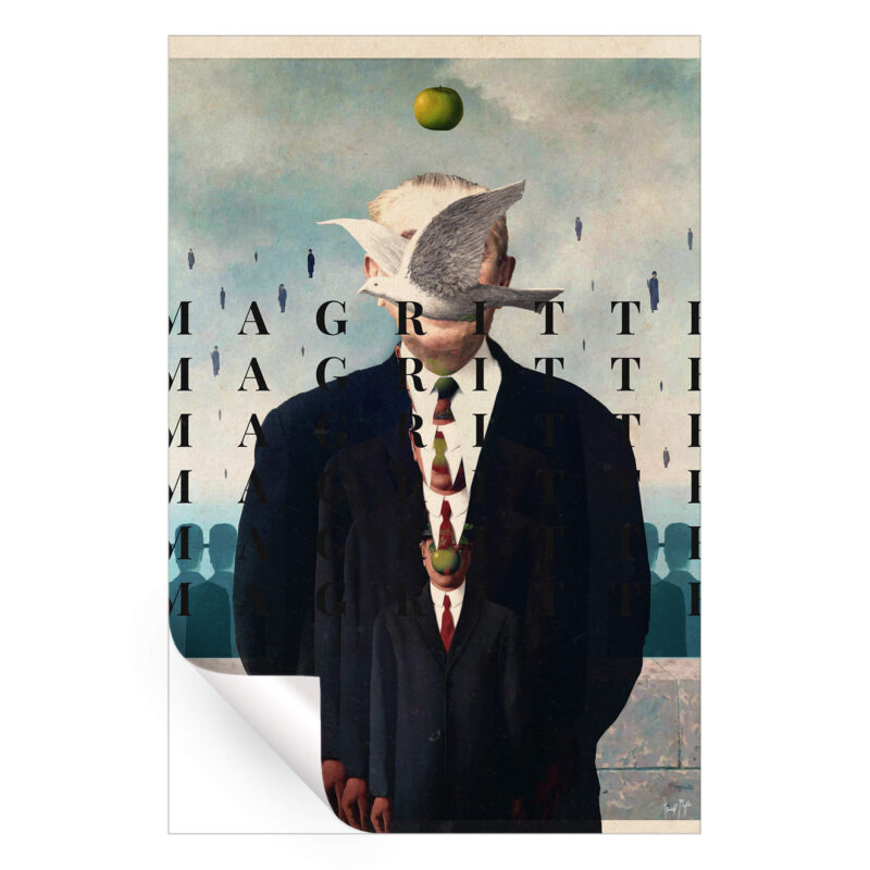 Surreal collage featuring a suited figure with floating letters and a green apple, inspired by Rene Magritte.