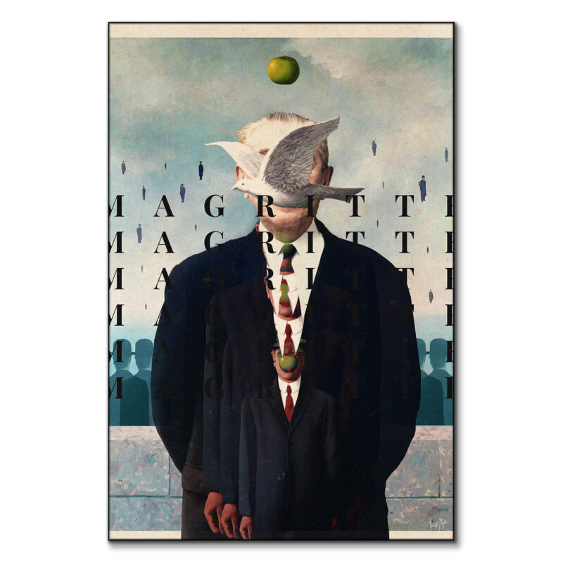 Surreal collage featuring a suited figure with floating letters and a green apple, inspired by Rene Magritte.