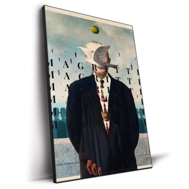 Surreal collage featuring a suited figure with floating letters and a green apple, inspired by Rene Magritte.