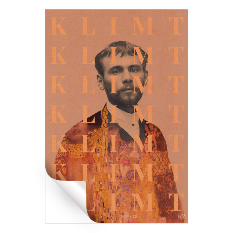 Pop art collage of Gustav Klimt, featuring his portrait with the repeated "KLIMT" text overlay and a vibrant orange background.