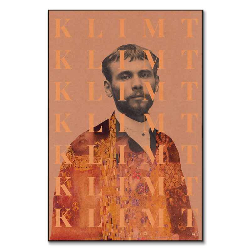 Pop art collage of Gustav Klimt, featuring his portrait with the repeated "KLIMT" text overlay and a vibrant orange background.