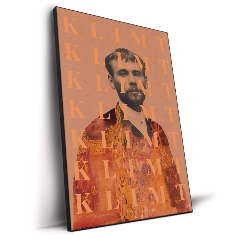 Pop art collage of Gustav Klimt, featuring his portrait with the repeated "KLIMT" text overlay and a vibrant orange background.