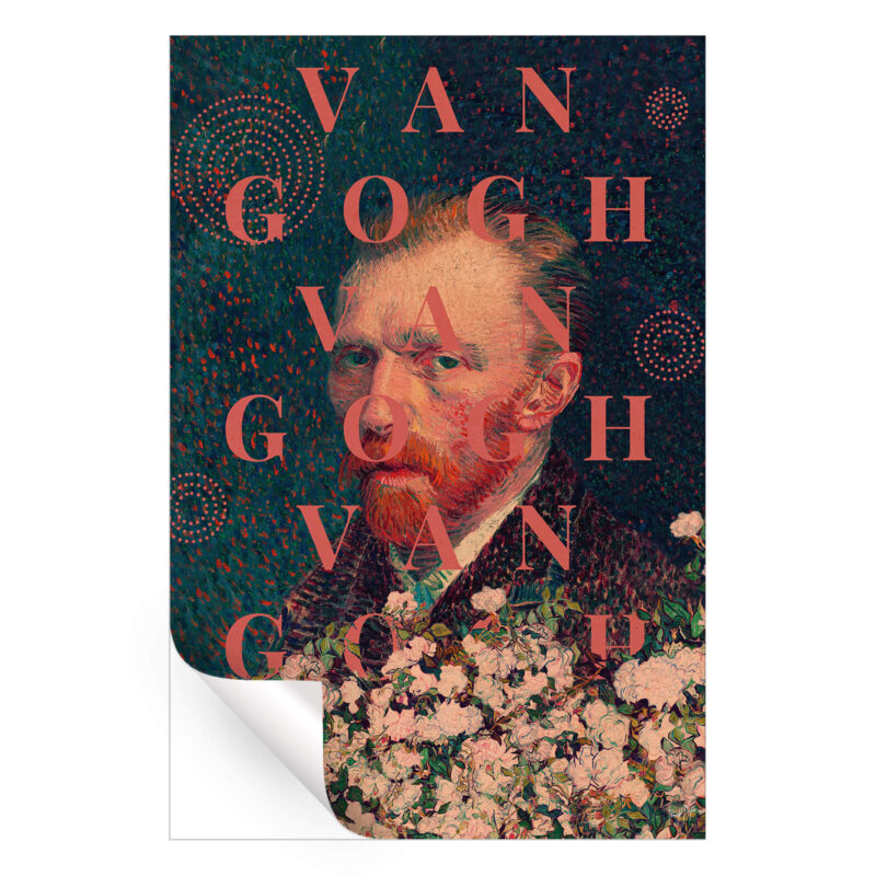 Pop art version of Vincent van Gogh, surrounded by floral motifs with repeated "VAN GOGH" text and vivid colors.