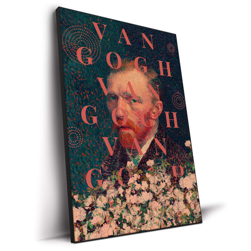 Pop art version of Vincent van Gogh, surrounded by floral motifs with repeated "VAN GOGH" text and vivid colors.