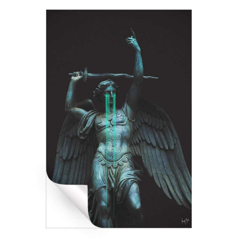 Saint Michael statue with neon glitch tears flowing from the eyes, bathed in dark lighting.