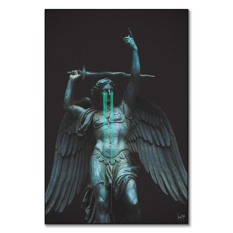 Saint Michael statue with neon glitch tears flowing from the eyes, bathed in dark lighting.