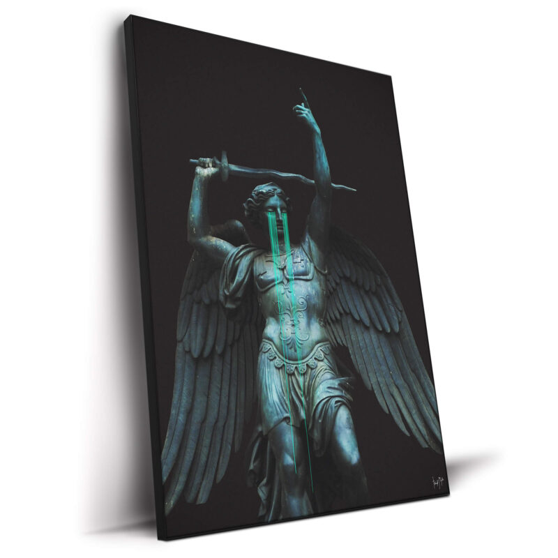 Saint Michael statue with neon glitch tears flowing from the eyes, bathed in dark lighting.