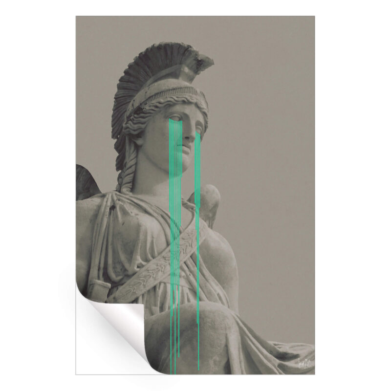 Crying Athena statue with glowing teal tears in surreal style