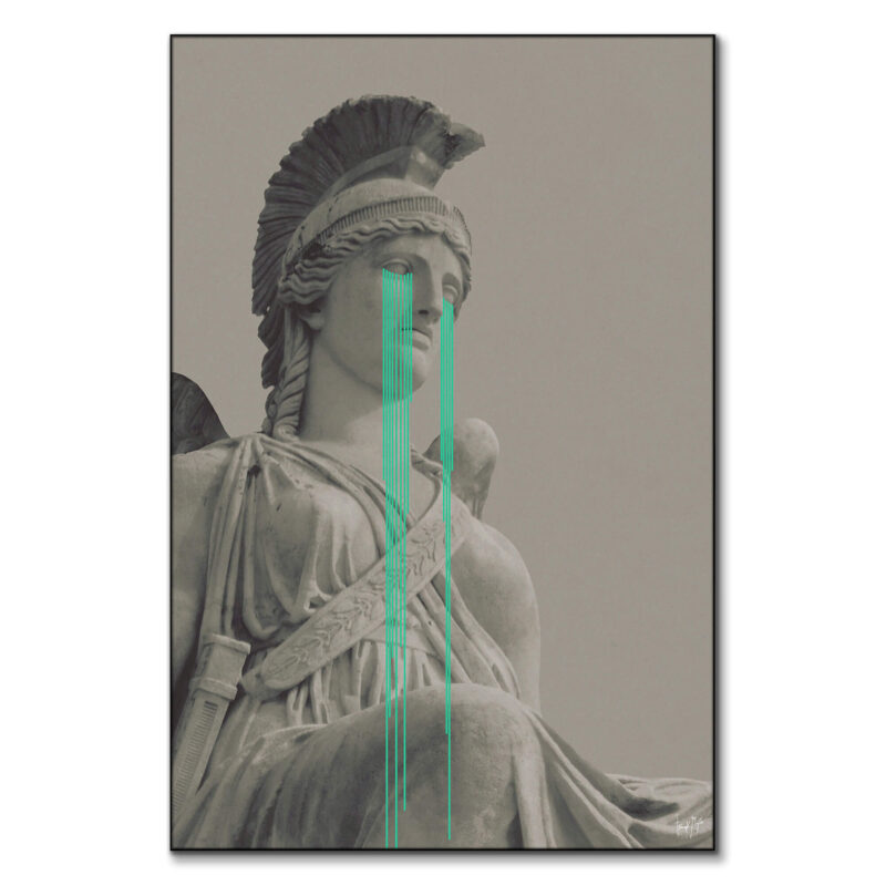 Crying Athena statue with glowing teal tears in surreal style