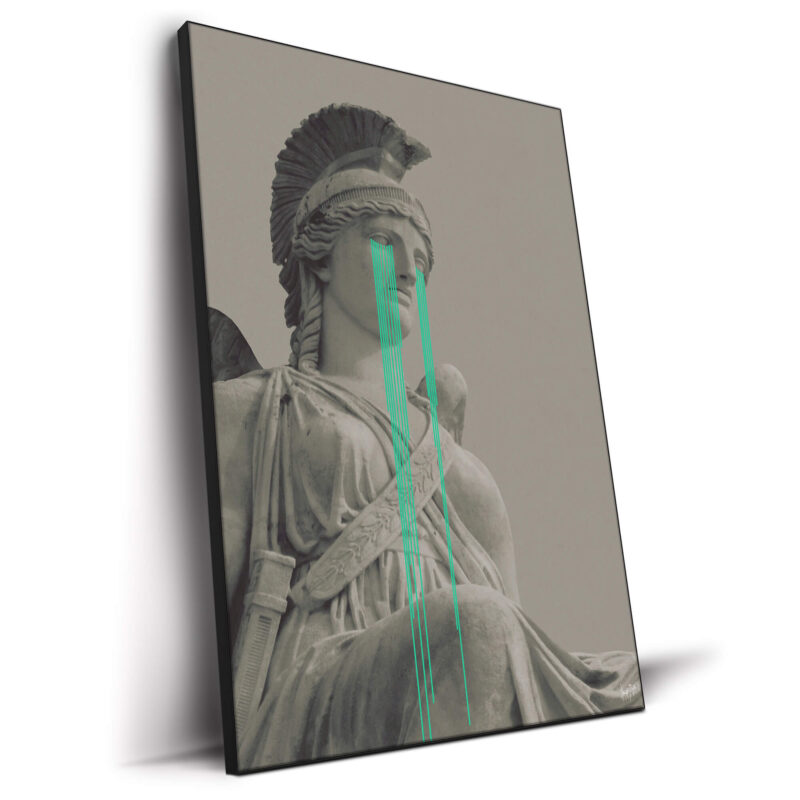 Crying Athena statue with glowing teal tears in surreal style