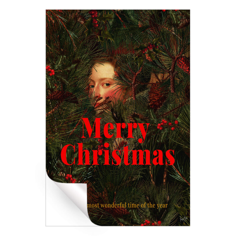 Vintage face subtly appearing through a Christmas tree with festive text and greenery.