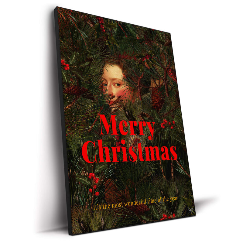 Vintage face subtly appearing through a Christmas tree with festive text and greenery.