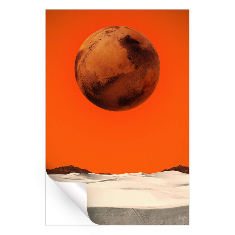 Mars floats above a desert landscape under a bright red sky, creating a surreal atmosphere.