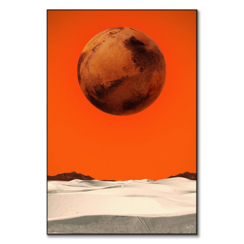 Mars floats above a desert landscape under a bright red sky, creating a surreal atmosphere.