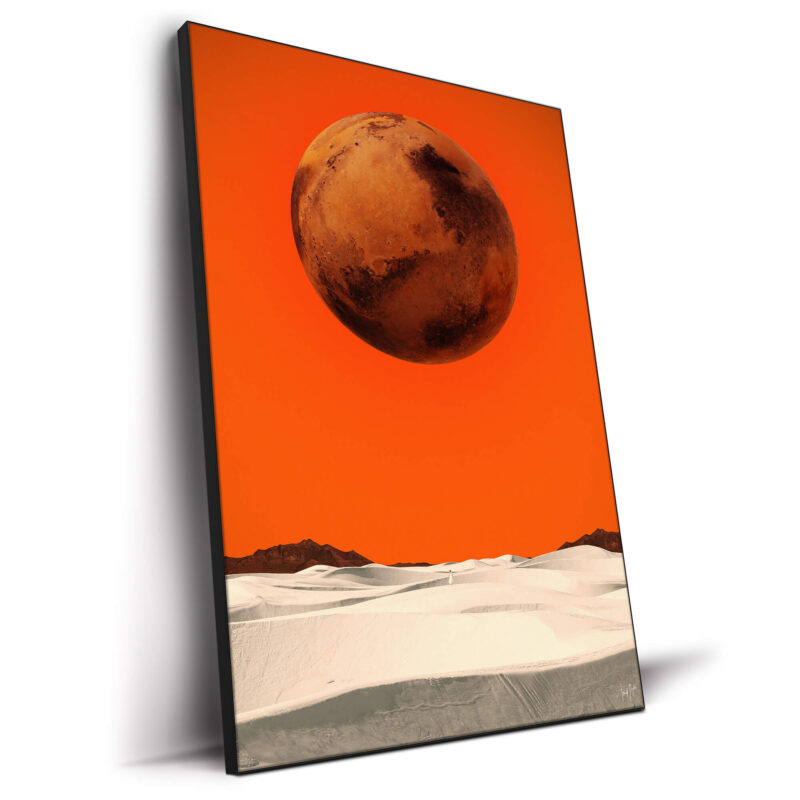 Mars floats above a desert landscape under a bright red sky, creating a surreal atmosphere.