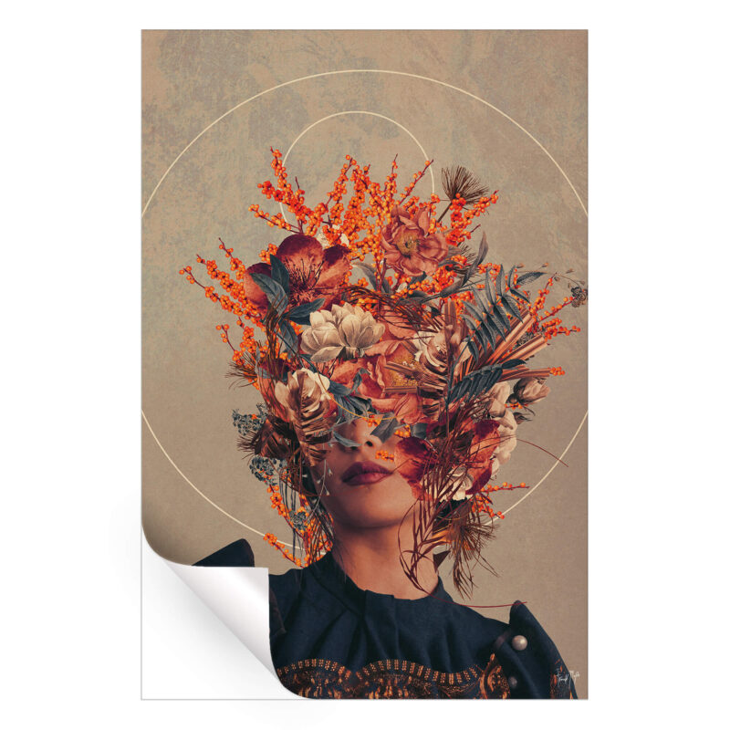 A surreal floral portrait with a woman’s face covered by vivid flowers and geometric shapes.
