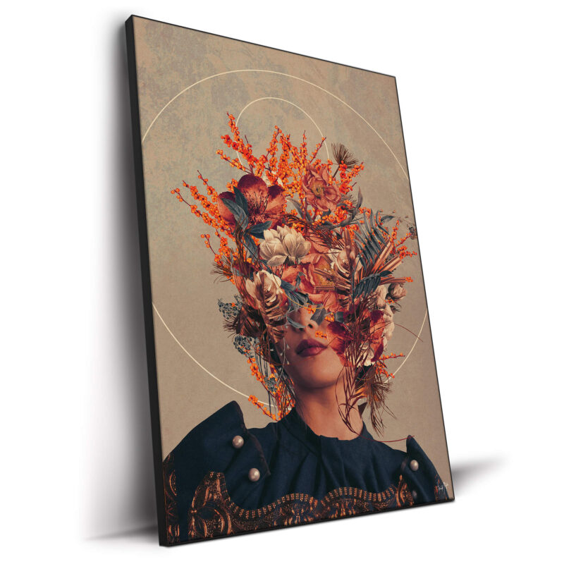 A surreal floral portrait with a woman’s face covered by vivid flowers and geometric shapes.