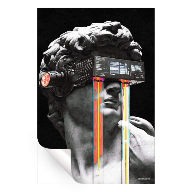 Statue of David with a VR headset and colorful digital streaks pouring from the eyes, creating a surreal digital collage.