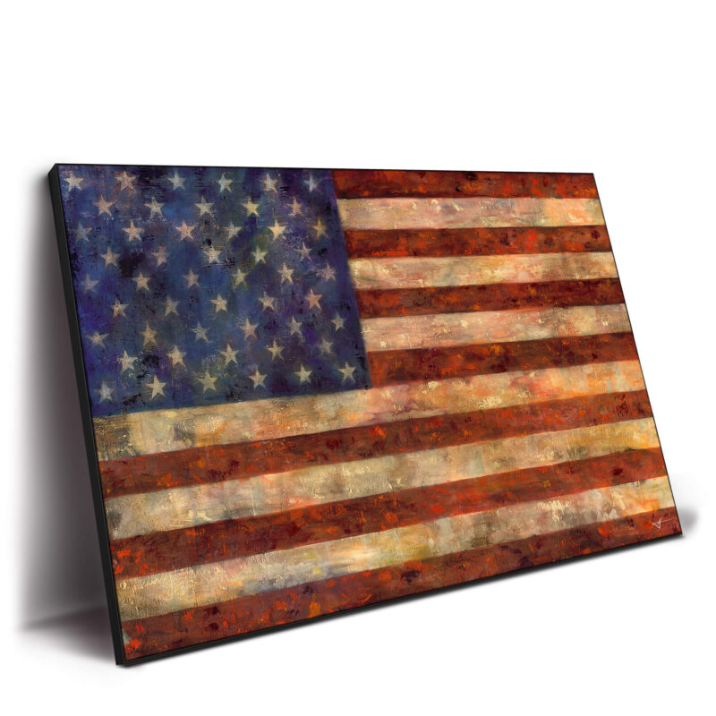 Distressed USA flag painting with textured brush strokes in earth tones.
