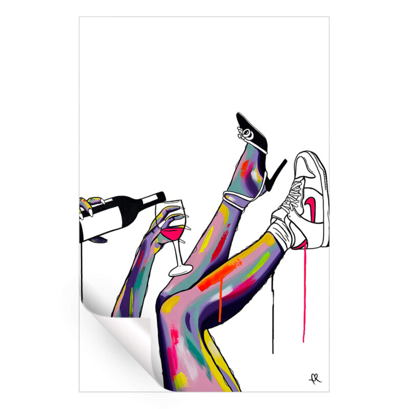 Pop art illustration blending luxury and street style with a figure holding wine and wearing Nike Jordans, surrounded by bold colors and abstract brushstrokes.
