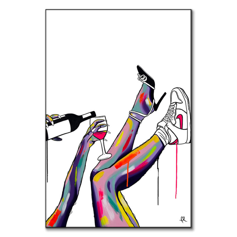 Pop art illustration blending luxury and street style with a figure holding wine and wearing Nike Jordans, surrounded by bold colors and abstract brushstrokes.